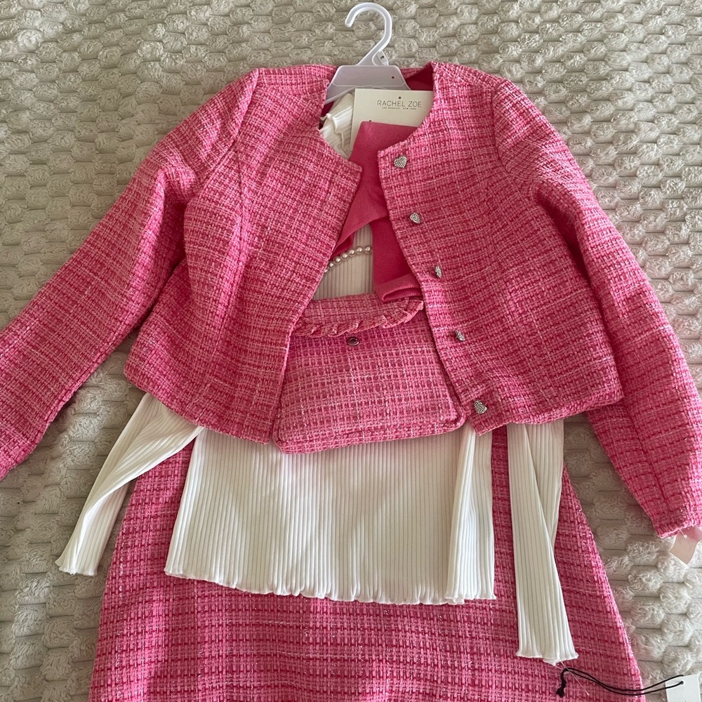 Rachel Zoe Kids Pink Tweed Set with high socks,tank,dress,jacket and purse.